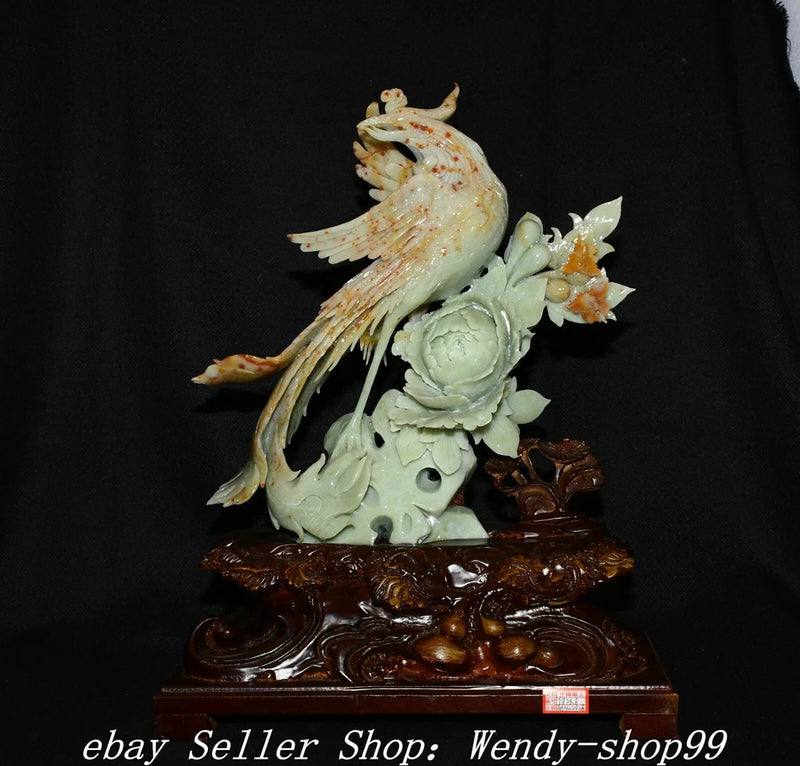 Carved phoenix bird and peony flower sculpture with dark wooden base, light green stone finish