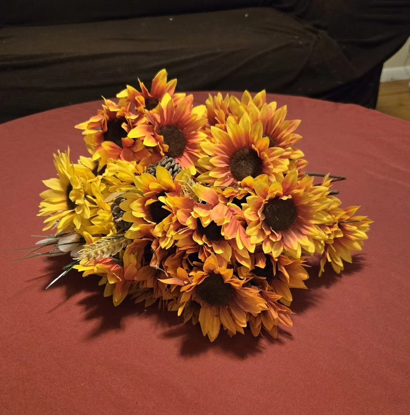 Artificial sunflower and dahlia bouquet with yellow-orange blooms and dark centers