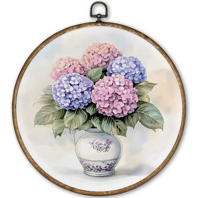 Vintage Hydrangea Flowers Round Wall Art Decor Framed 10x10, Chinoiserie Spri... Hydrangea