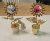 Figurine- Set of two Sunflowers in Pots- gold plated- red & blue Spectra crystal Sunflower
