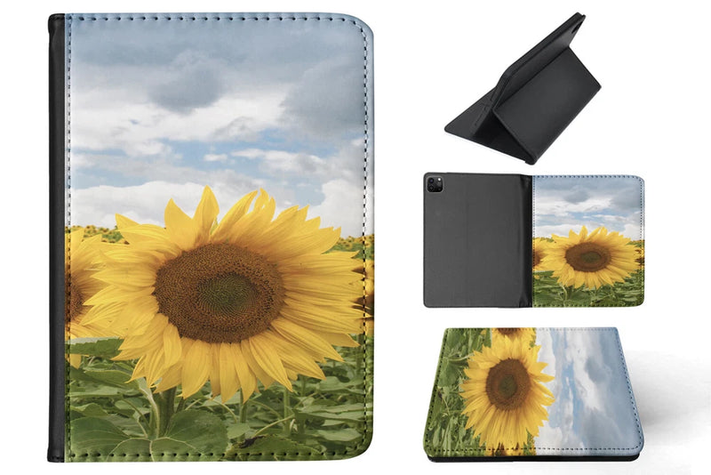 Apple iPad case cover with sunflower print, front and stand viewing angles