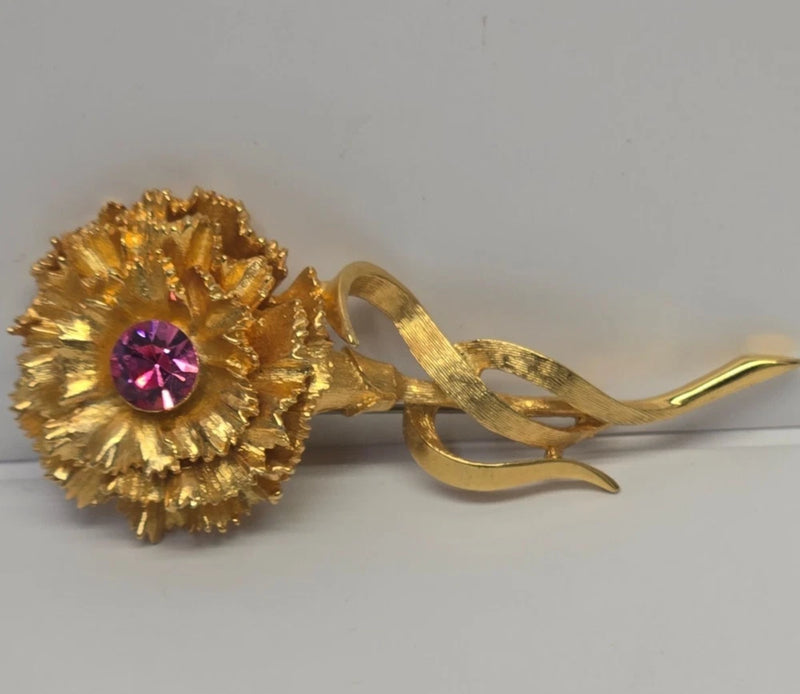 Vintage Boucher? brooch Carnation pink Crystal rhinestone gold tone floral pin Carnation