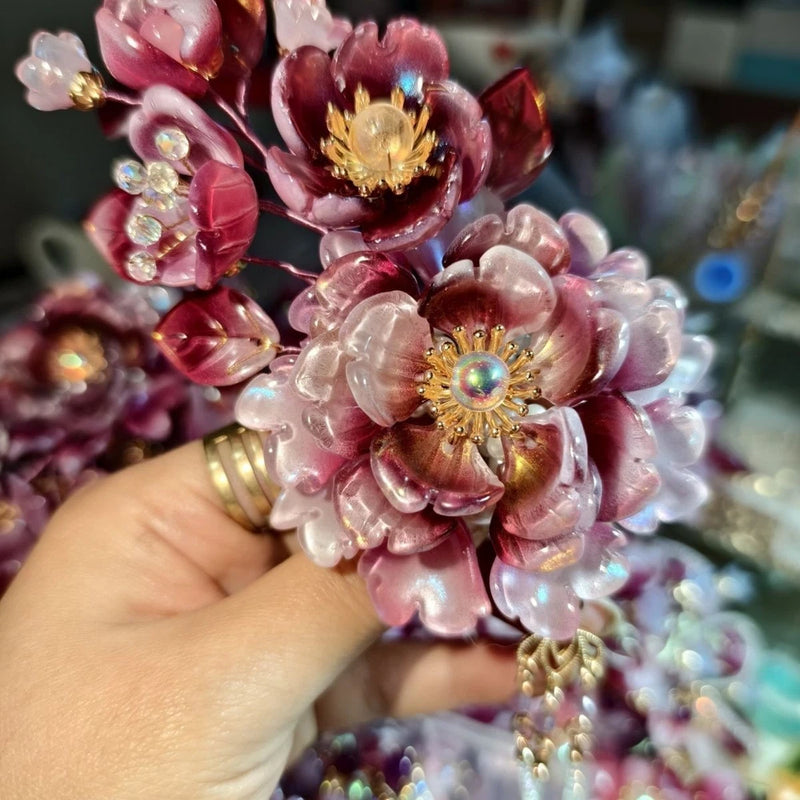 Pink peony hairpin with gold center flowers and dangling tassels