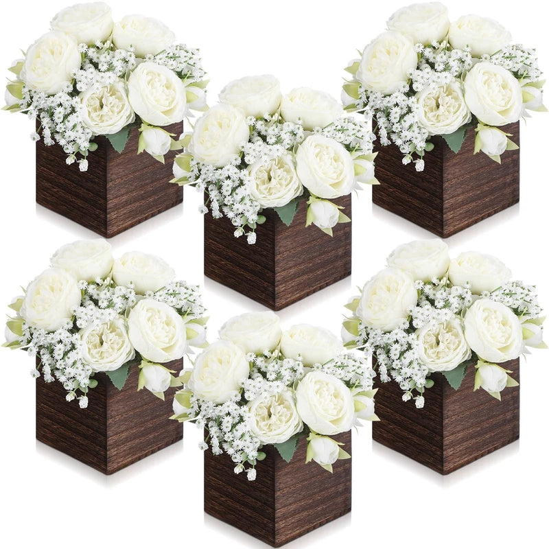 Artificial white peony table centerpiece set with wooden cube holders, faux blooms