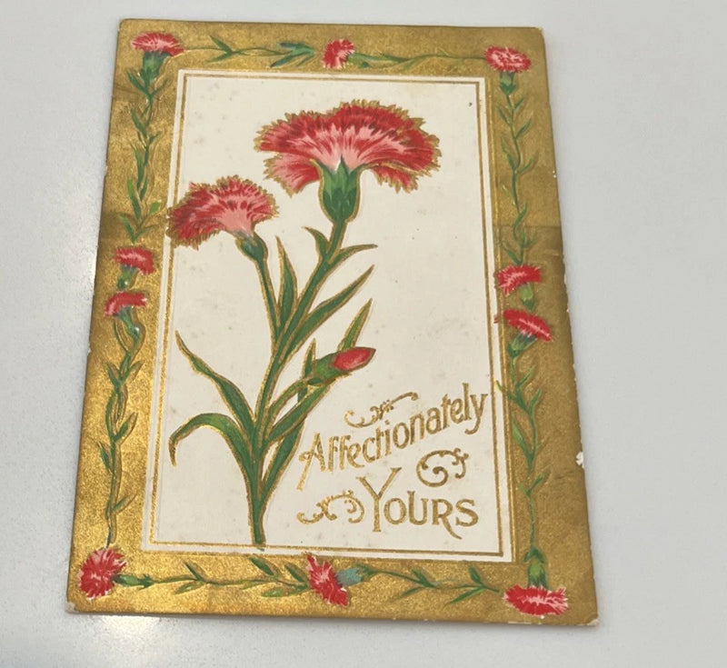 Language of Flowers Red Carnations For Affection Gold Trim 1910 Postcard Carnation