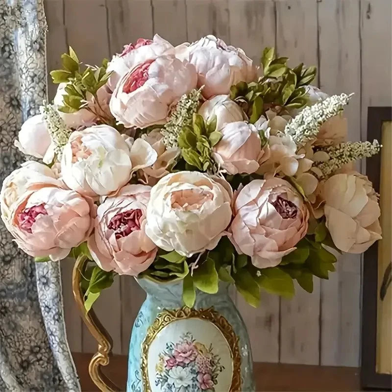 Artificial peony flower bouquet with mixed white and blush pink blooms in decorative vase