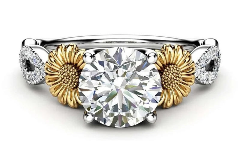 1.28 CT Round Diamond Sunflower Flower Split Shank Engagement and Wedding Ring Sunflower
