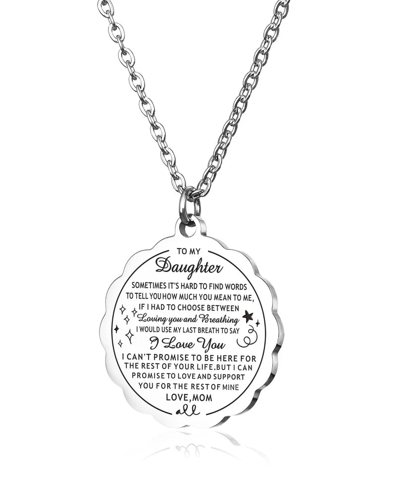 Round engraved pendant necklace with silver-tone chain