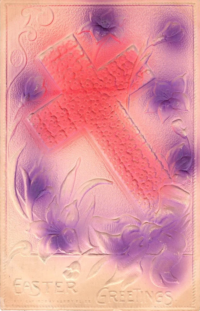Easter postcard with raised cross and purple lilies, pastel pink and lavender design