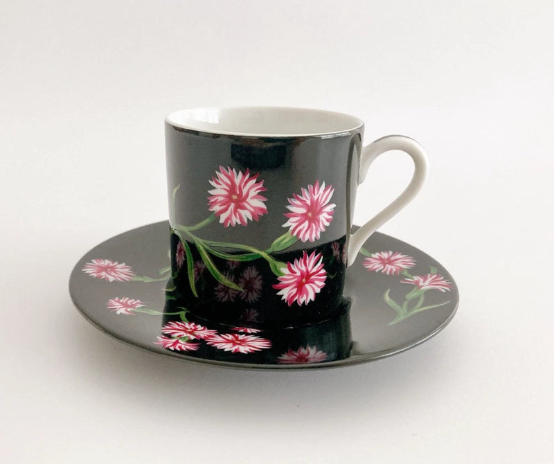 Unused Tiffany & Co. Mrs. Delany's Flowers Demitasse Cup Saucer Black Carnation Carnation