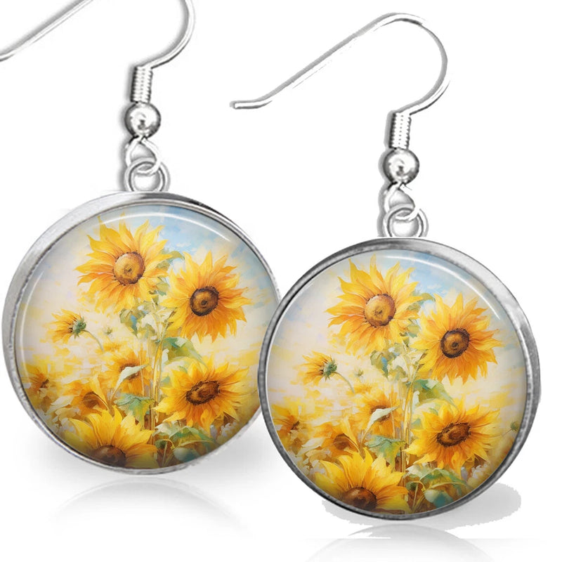 Vibrant Field of Sunflowers Watercolor Art Print Garden Flowers Floral Earrings Sunflower