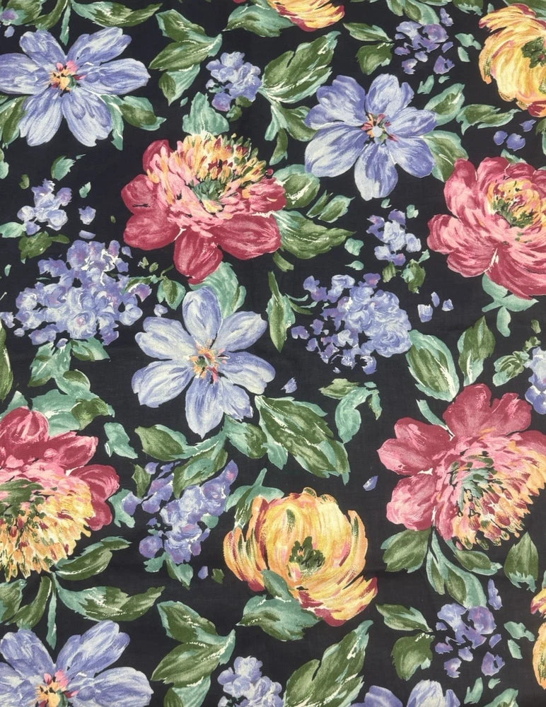 Vintage 90s Cotton Chintz Fabric Navy Large Bright Floral BTY #18 Flowering Plants