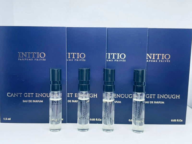 4-pack Initio Can't Get Enough EDP sample sprays, clear vials with blue boxes