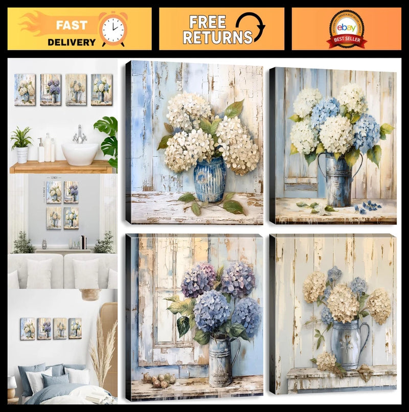 Vintage Blue Hydrangea Wall Art Set - Floral Bathroom Decor, 12x12" Botanical Pr Hydrangea