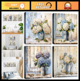 Vintage Blue Hydrangea Wall Art Set - Floral Bathroom Decor, 12x12