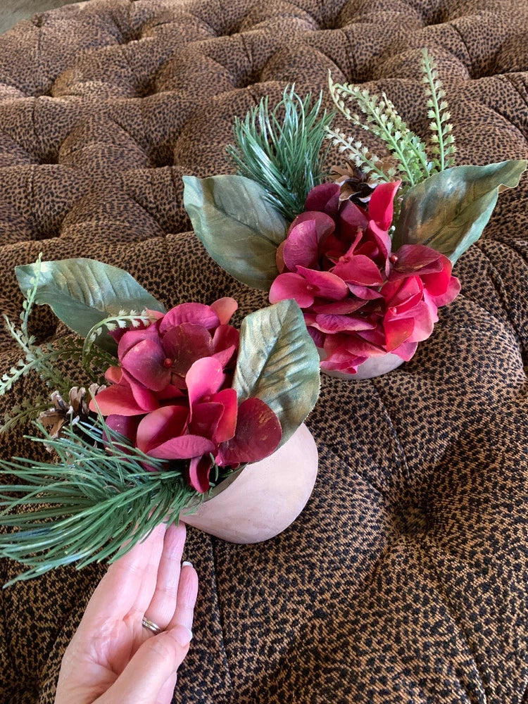 2 Red Hydrangea Floral Plant Greenery Faux Silk  Stone Pot 7Ó Decor Accent Hydrangea