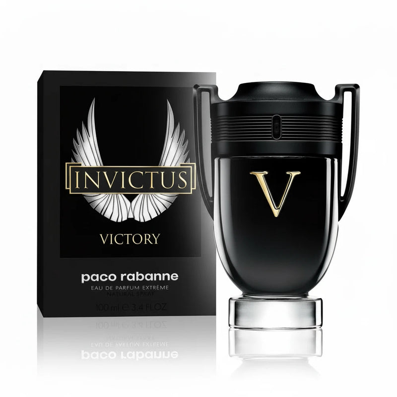 Paco Rabanne Invictus Victory men's EDP in black bottle with gold V emblem, 100ml