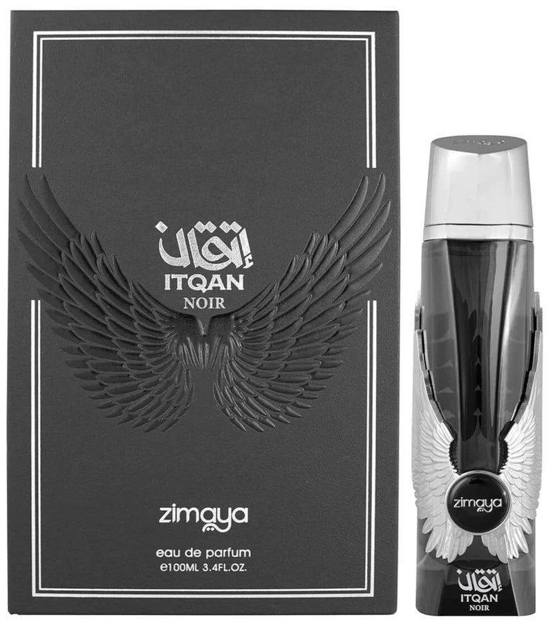 Men's Itqan Noir EDP spray bottle with silver cap and dark label, shown with black box.