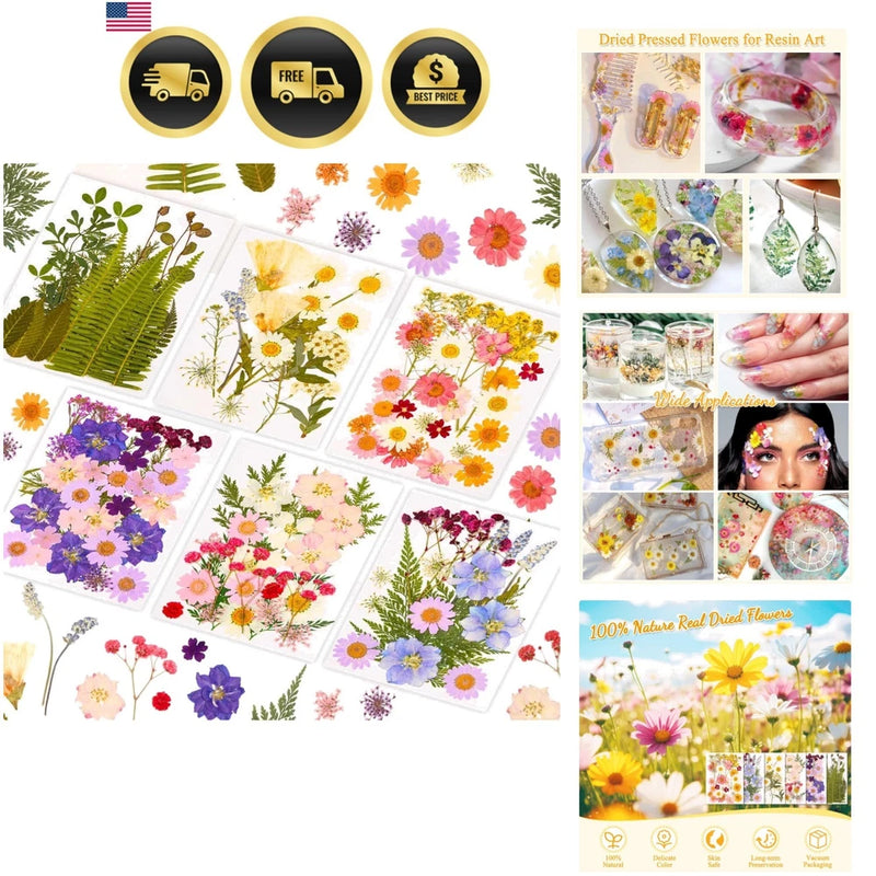 Set of pressed dried flowers for resin crafts, assorted colors and shapes, 124pcs