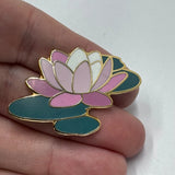 Water Lily Botanical Flower Lapel Pin Green Gold Tone Enamel Pink Purple Lily