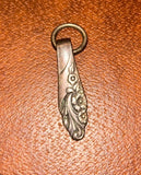 Floral Keychain SIlvertone Carnations/Hibiscus/Waterfall Design Etched Tie Shape Carnation
