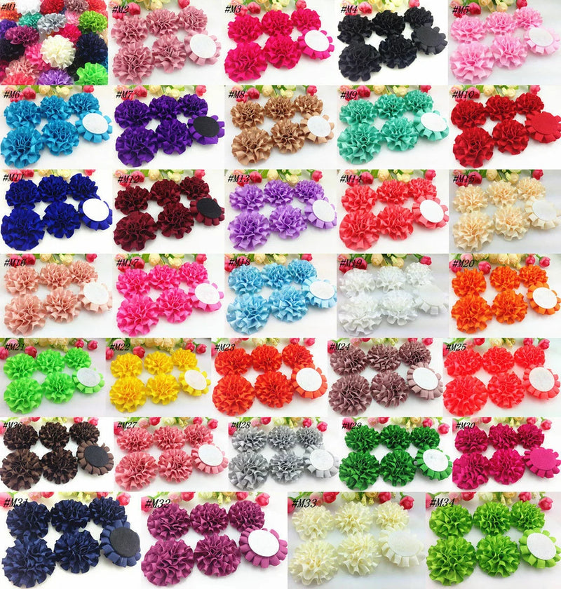Assorted satin ribbon flower appliques with round backing, peony-style, multicolor set