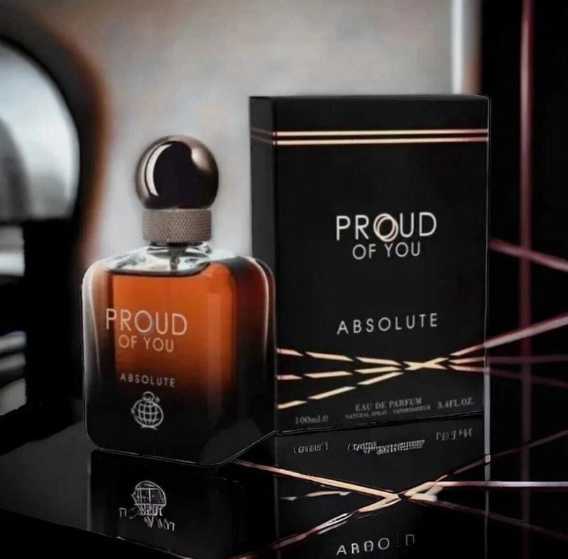 Fragrance World Proud Of You Absolute EDP perfume, dark amber bottle with black cap, 100 ml