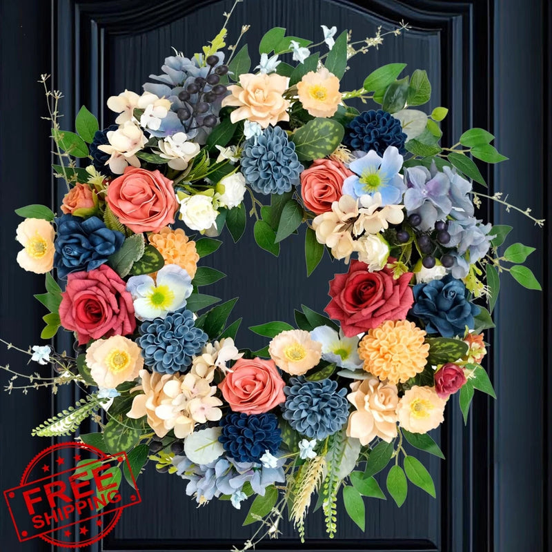vivimemo 22 Inch Artificial Spring Flower Wreath Yellow Rose Hydrangea Hydrangea