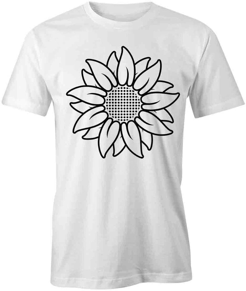 White cotton T-shirt with black sunflower graphic, short sleeves