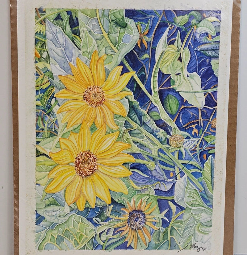Bright blue sky sunflower floral sketch print with signed artist signature in lower right
