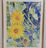 Sunflower Spring Summer Florals Bright Blue Sky Sketch Print VTG Signed Morgan Sunflower