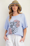 Easel Women's Roses and Tiger Mineral Washed Graphic Tee Top in Peri Blue Roses
