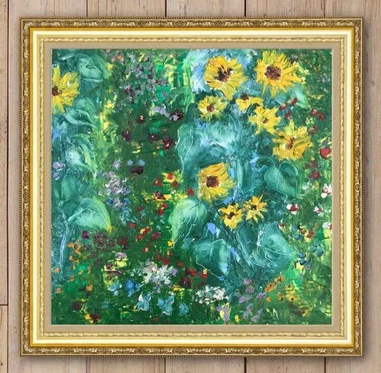 Framed floral oil painting with yellow sunflowers and green foliage, textured impasto.