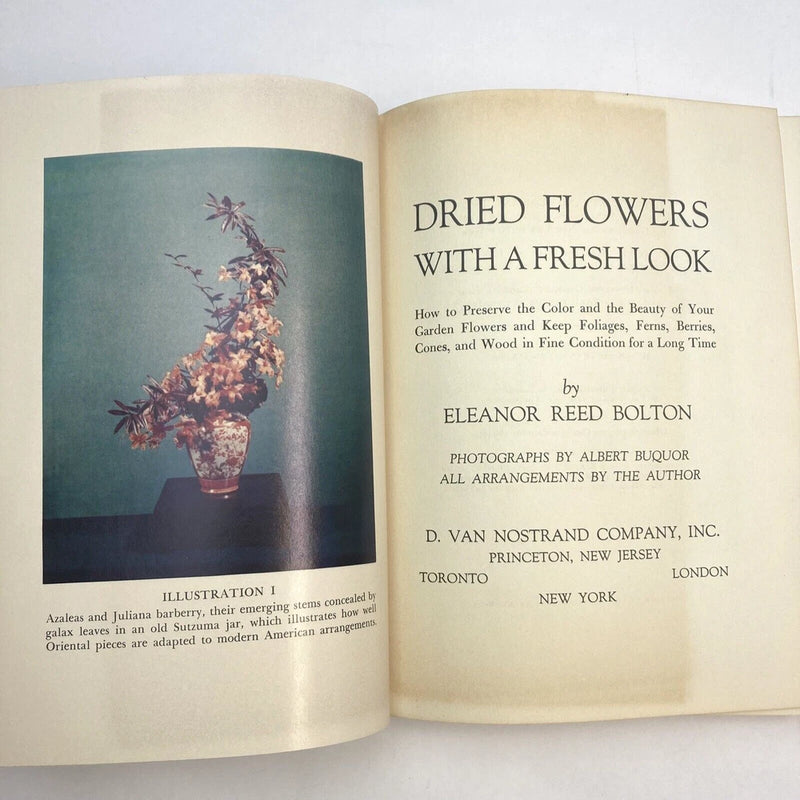 Open book with “Dried Flowers With a Fresh Look” title page