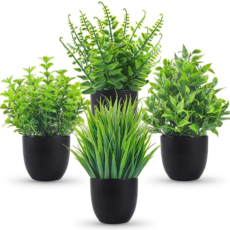 4-Pack Small Artificial Plants - Faux Greenery for Home, Office, Bathroom Decor! Green Plant
