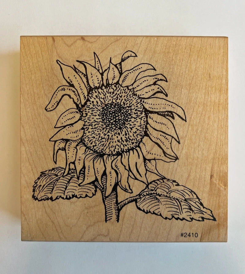 Sunflower rubber stamp on wood block, black line art botanical design, #2410