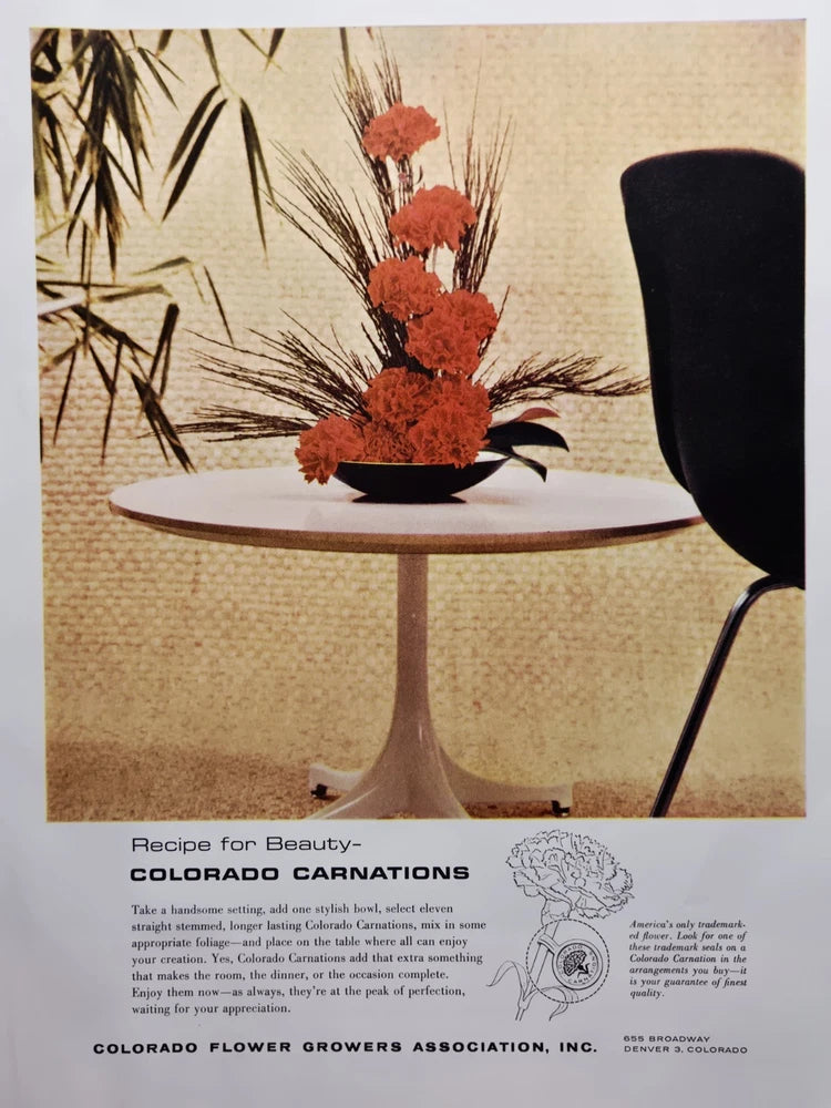Vintage carnation beauty recipe print ad with red flower arrangement and pedestal table