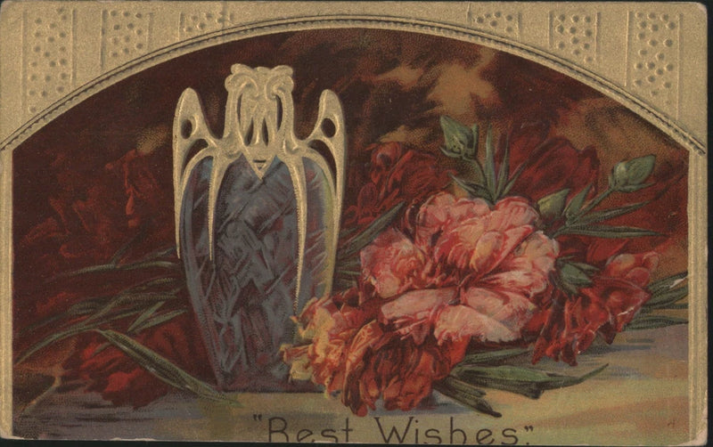 Vintage Art Nouveau greeting card with floral vase and carnations, “Best Wishes” text