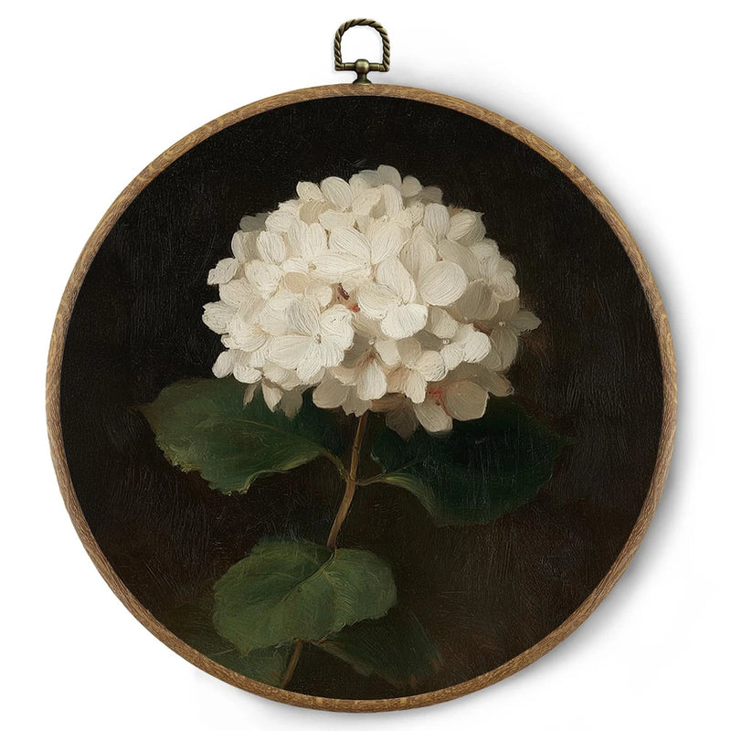 Vintage Hydrangea Floral Round Wall Art Decor, Cottagecore Moody White Hydran... Hydrangea