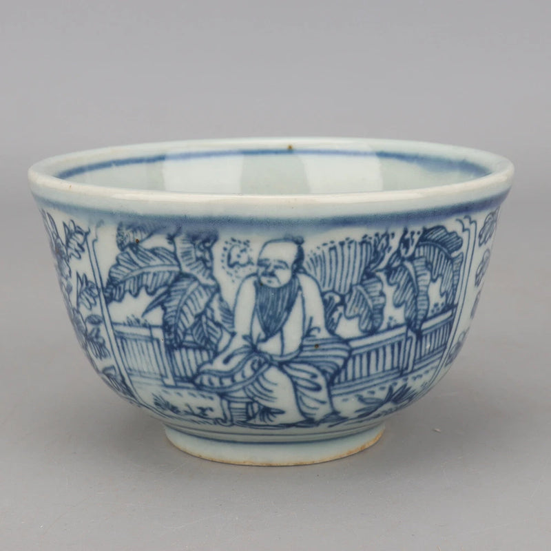 4.88" Chinese Blue and White Porcelain Figure Stories Peony Flower Bowls Collect Peony