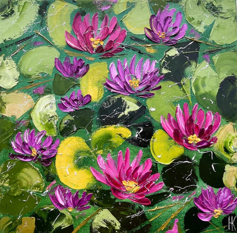 Water Lily Original Oil Impasto Painting Floral Canvas Art 16 x 16 inches Lily