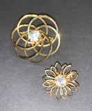 2 Gold Tone Brooches Rhinestone Center Flower Sunflower Pins Sunflower