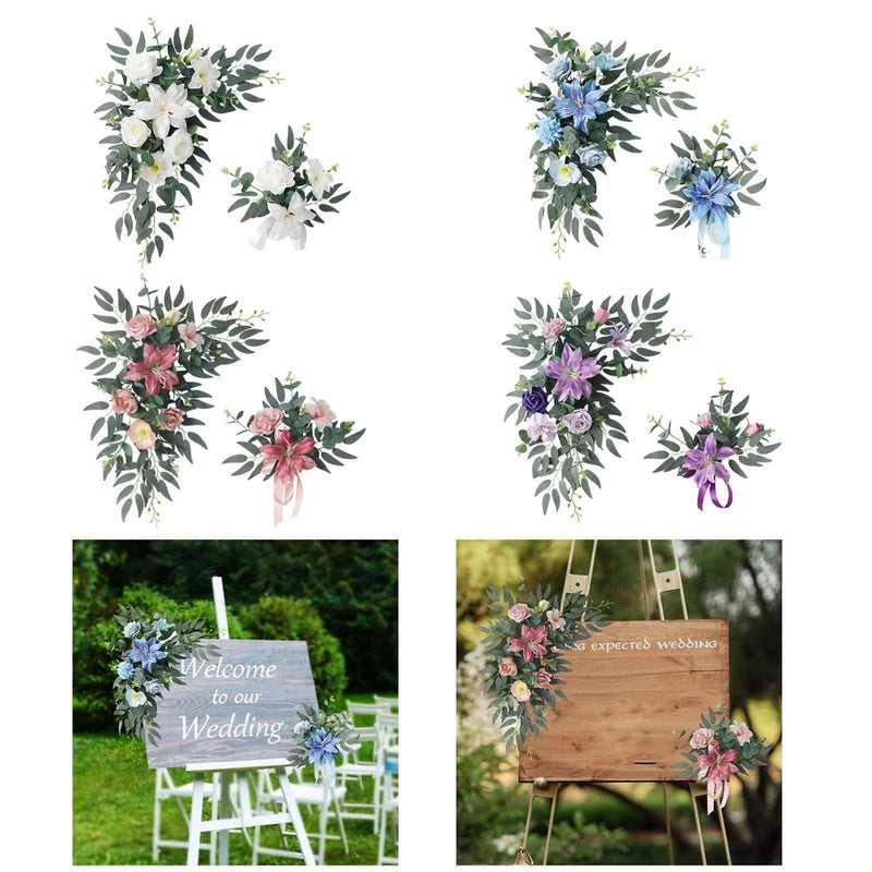 Set of 2 artificial rose and greenery floral arch swags, multiple color options