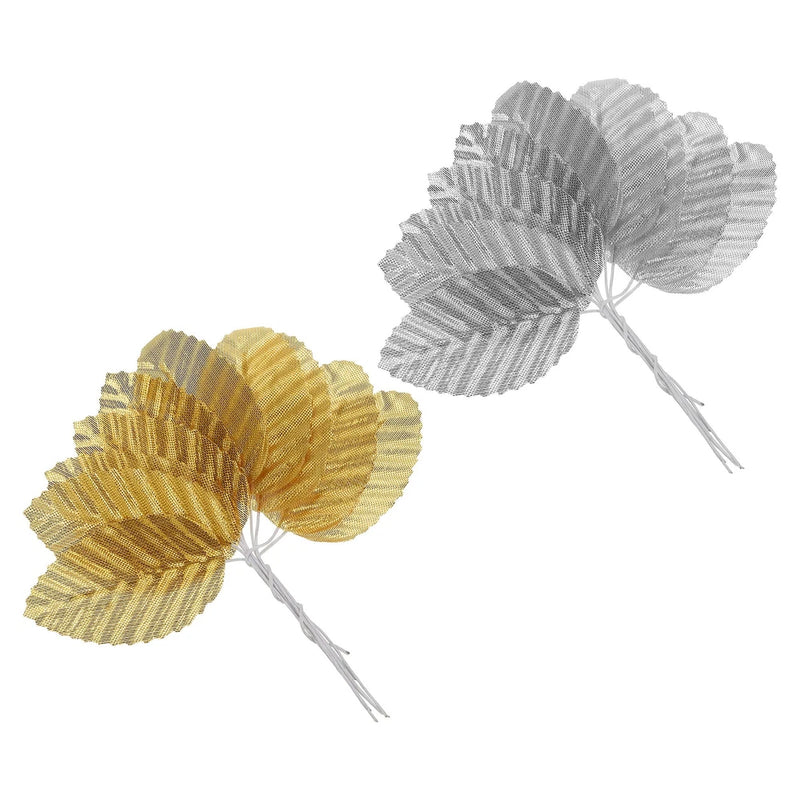 Artificial silk leaf picks with wire stems, gold and silver