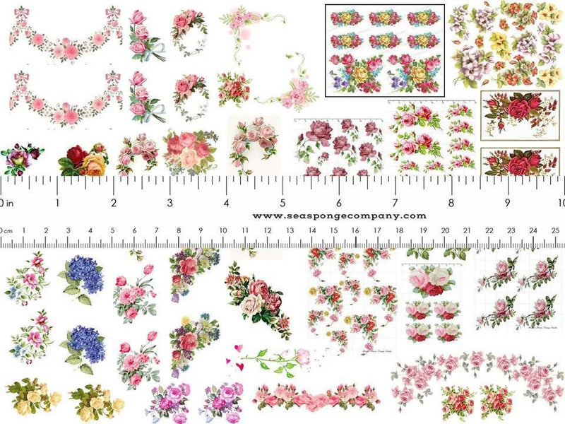 Shabby chic floral rose decals sheet, assorted small stickers for 1:12 scale