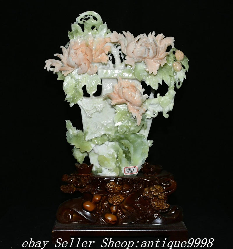 20'' Chinese Natural Pink Xiu Jade Carve Fengshui Peony Flower Statue Peony
