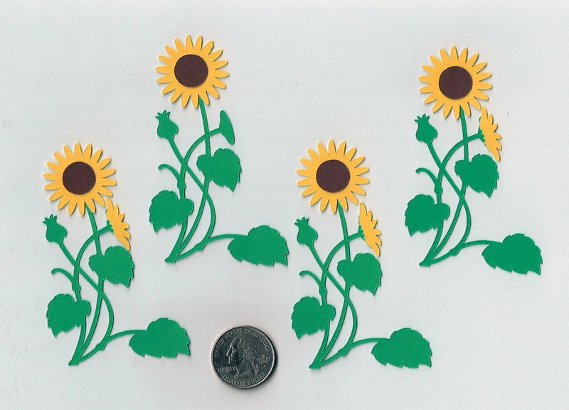 Sunflower die cuts: 4 yellow flowers with dark centers, green stems and leaves