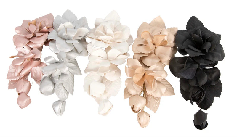 Leather flower fascinator clips set in pink, white, beige, and black