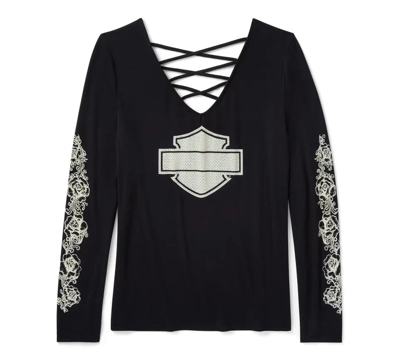 Women’s long-sleeve V-neck tee with lace-up back, black with silver rose sleeve embroidery