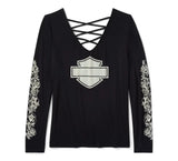 H-D Women's Bling Chrome & Roses Long Sleeve Laced Back V Neck Tee 96644-25VW Roses